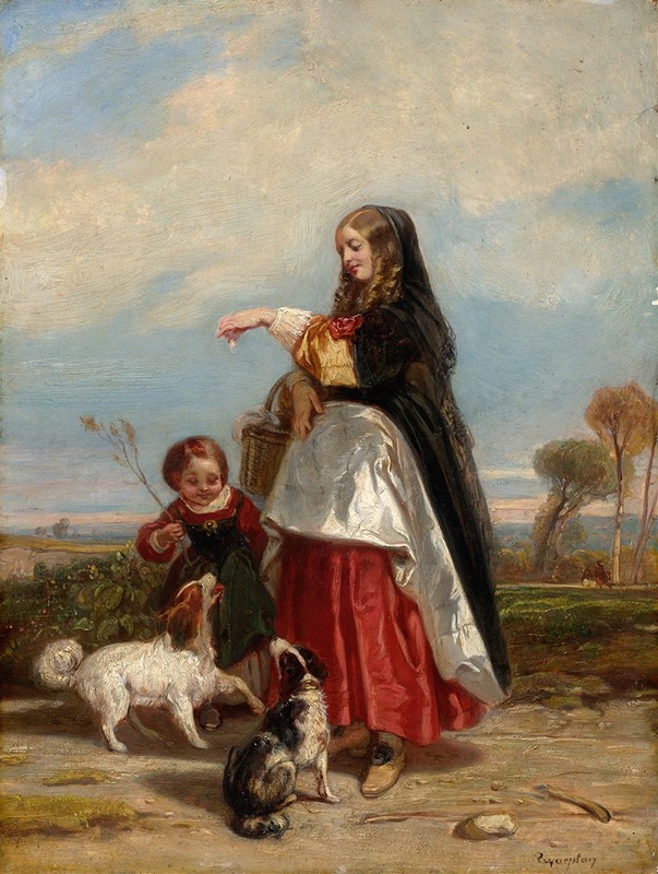 Camille-Joseph-Etienne Roqueplan - Woman And Child With Dogs