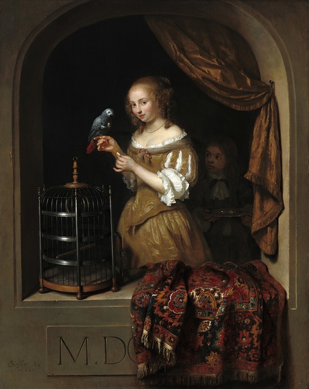 Caspar Netscher - A Woman Feeding a Parrot,with a Page