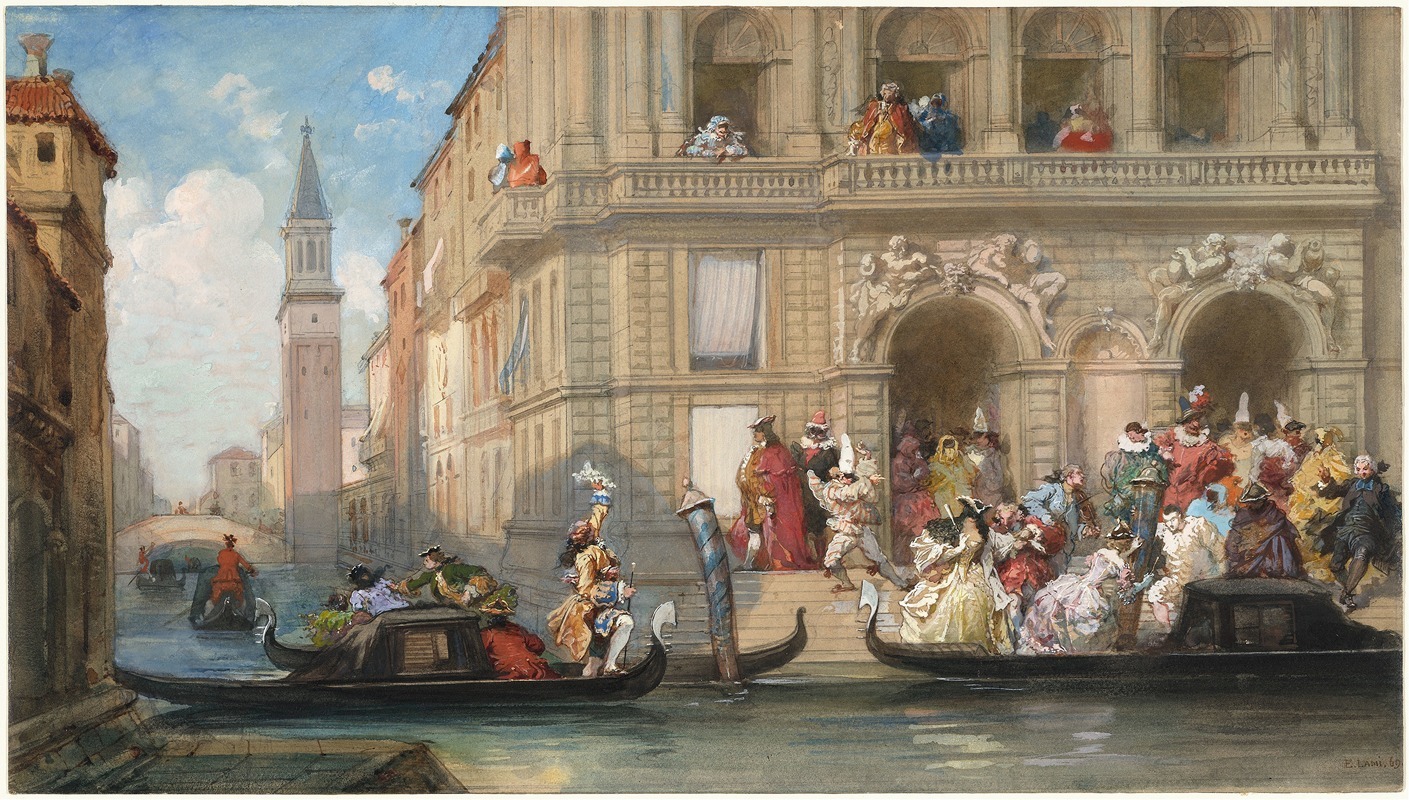 Eugène Lami - Masqueraders Boarding Gondolas before a Venetian Palazzo