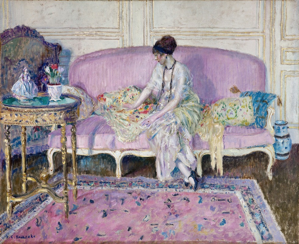 Frederick Carl Frieseke - Woman Seated on Sofa in Interior