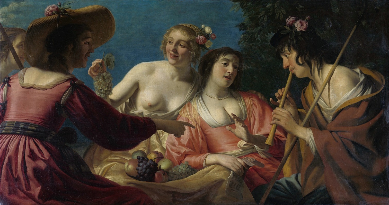 Gerard van Honthorst - Shepherd Playing the Flute,and four Shepherdesses