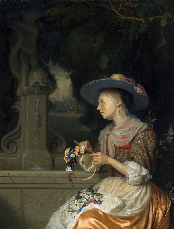 Godfried Schalcken - Woman Weaving a Crown of Flowers