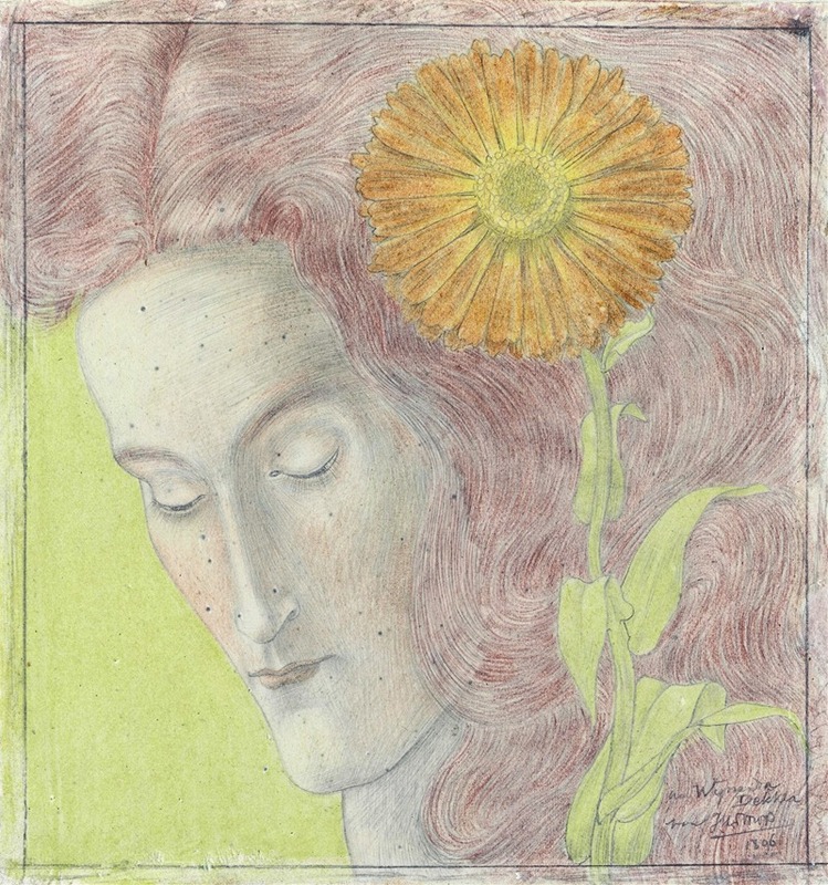 Jan Toorop - Vrouwenkop met rossig haar en Chrysant