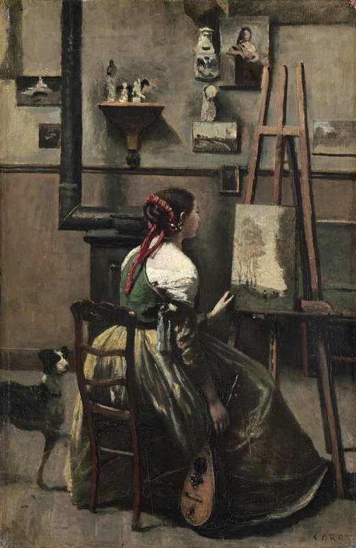 Jean-Baptiste-Camille Corot - Corot’s Studio – Woman Seated Before an Easel,a Mandolin in her Hand