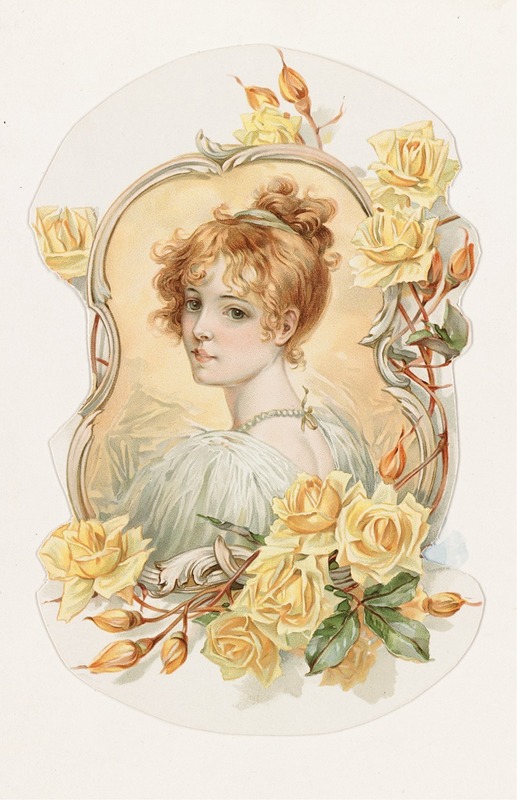 Louis Prang - Woman’s Portrait Enframed with Yellow Roses