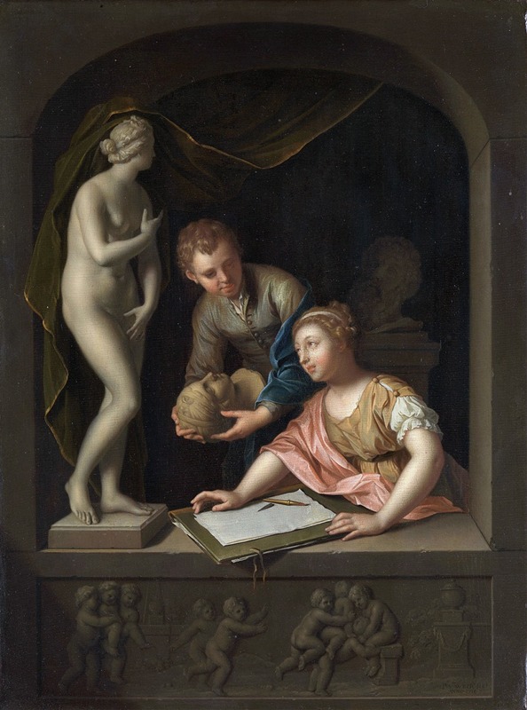 Pieter Van Der Werff - A Girl Drawing and a Boy near a Statue of Venus