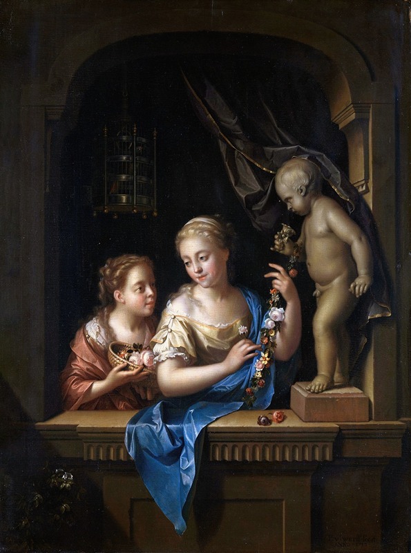Pieter Van Der Werff - Two Girls with Flowers by a Statue of Cupid