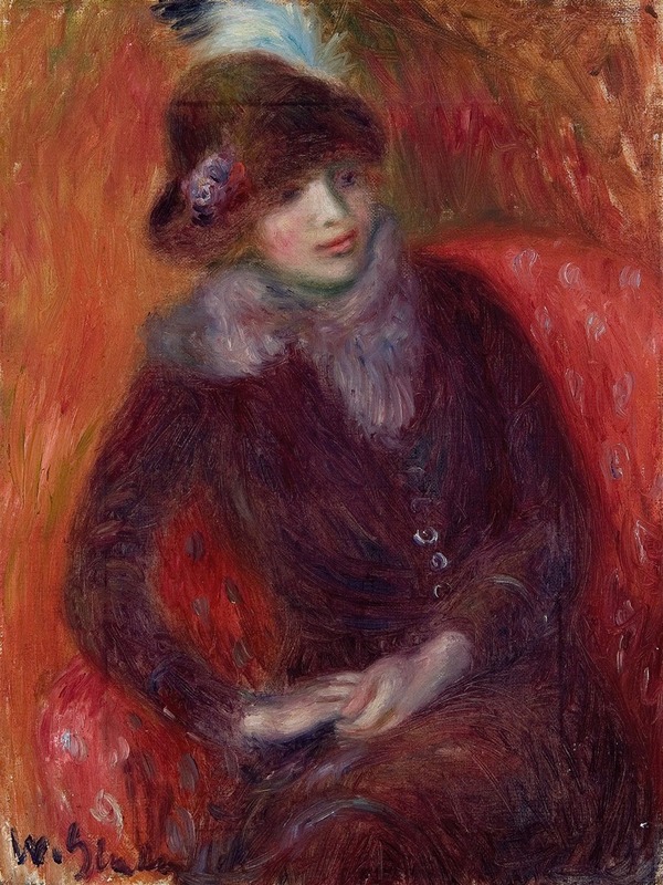 William James Glackens - Seated Woman with Fur Neckpiece and Red Background