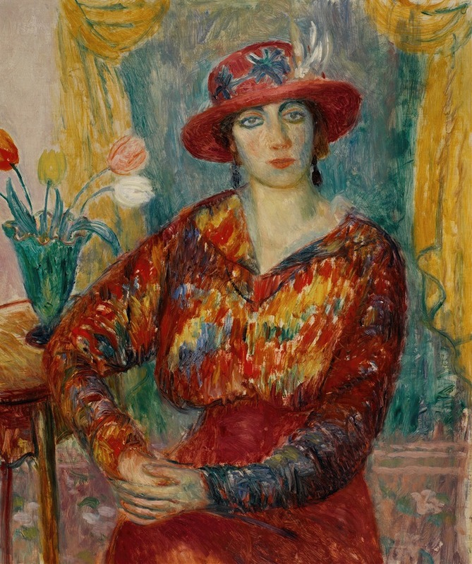 William James Glackens - Woman in Red Blouse with Tulips