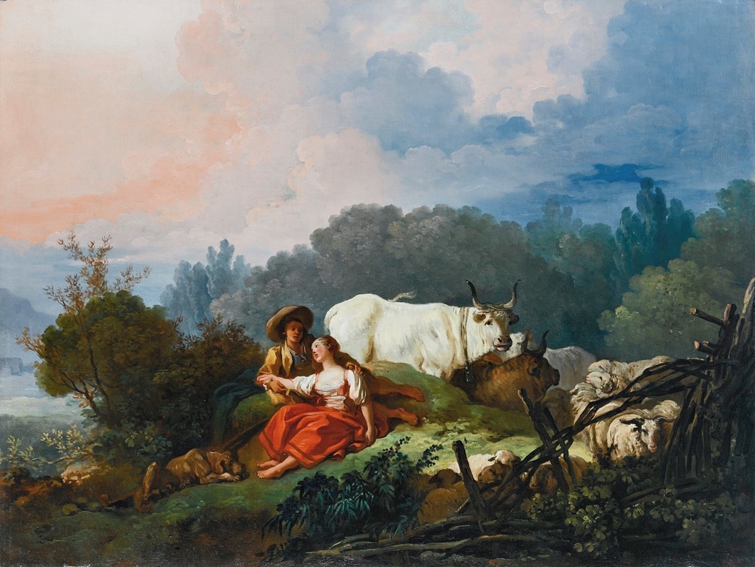 Jean-Honoré Fragonard - Pastoral Landscape With A Shepherd And Shepherdess At Rest