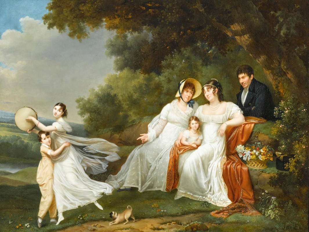 Adèle Romany - A Portrait Of A Family With Their Pug In A River Landscape
