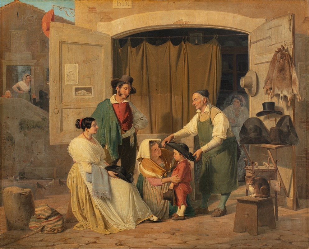 Albert Küchler - Roman Peasants Buying A Hat For Their Little Son, Who Is To Be An Abbate