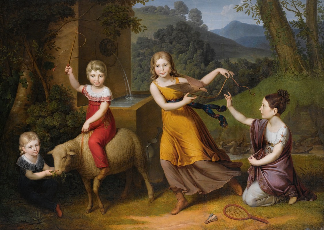 Anton Petter - Portrait Of Four Children, Full Length, in A Landscape, With A Sheep And Turtle Doves