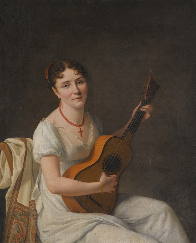 Circle Of François-Xavier Fabre - Portrait Of A Lady, Seated In An Interior, wearing a White Dress And Playing The Guitar