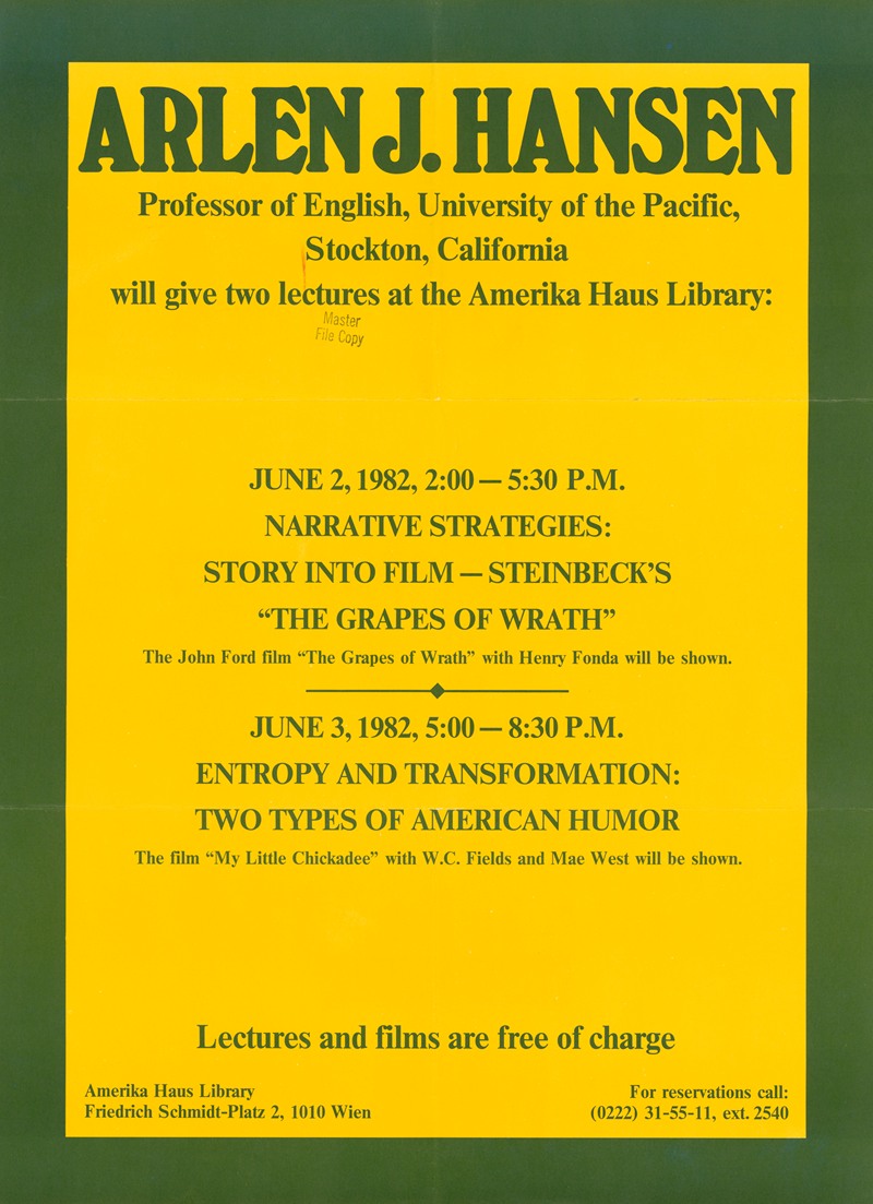 U.S. Information Agency - Arlen J. Hansen, Professor of English, University of the Pacific, Stockton, California, will give two lectures at the Amerika Haus Library