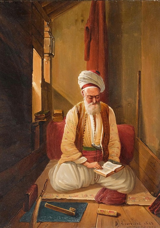 Frans Vervloet - An Interior With A Turkish Gentleman In Prayer
