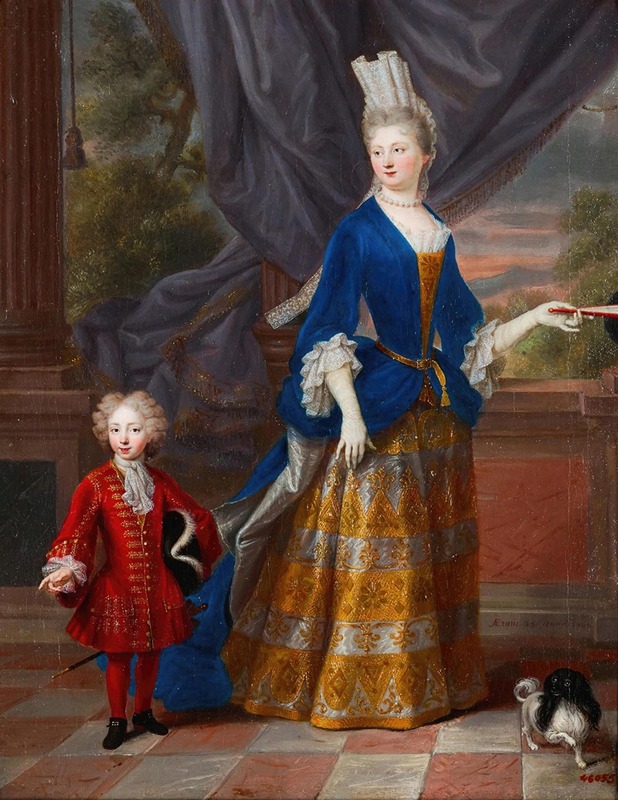 French School - A Portrait Of An Elegant Lady, Aged 25, Together With A Young Boy And A Spaniel