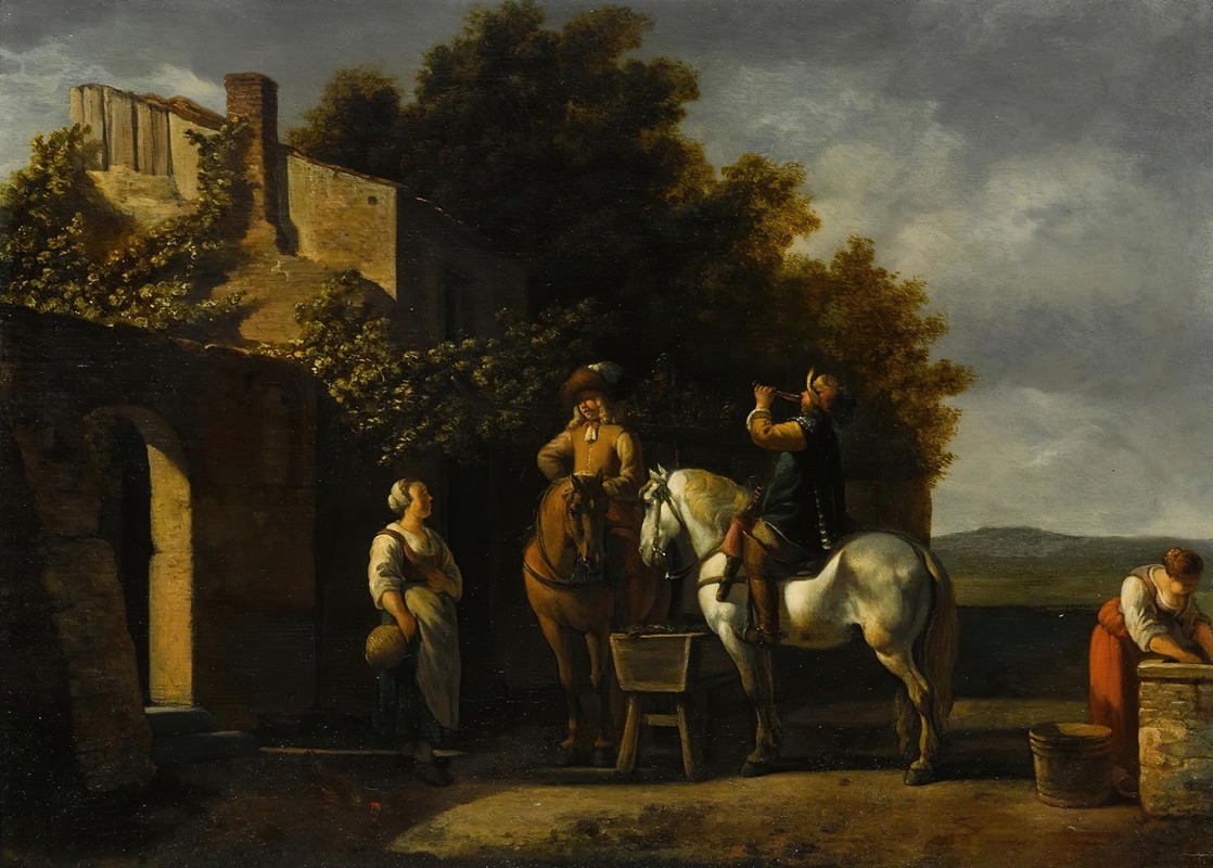 Gerrit Adriaensz. Berckheyde - Cavaliers On Horseback Resting Outside An Inn With A Courtyard Beyond