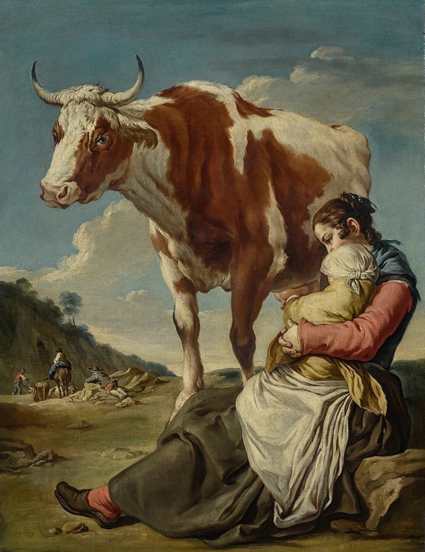 Giacomo Ceruti - A Mother And Her Child Milking A Cow In A Landscape, A Group Of Peasants And Animals Beyond