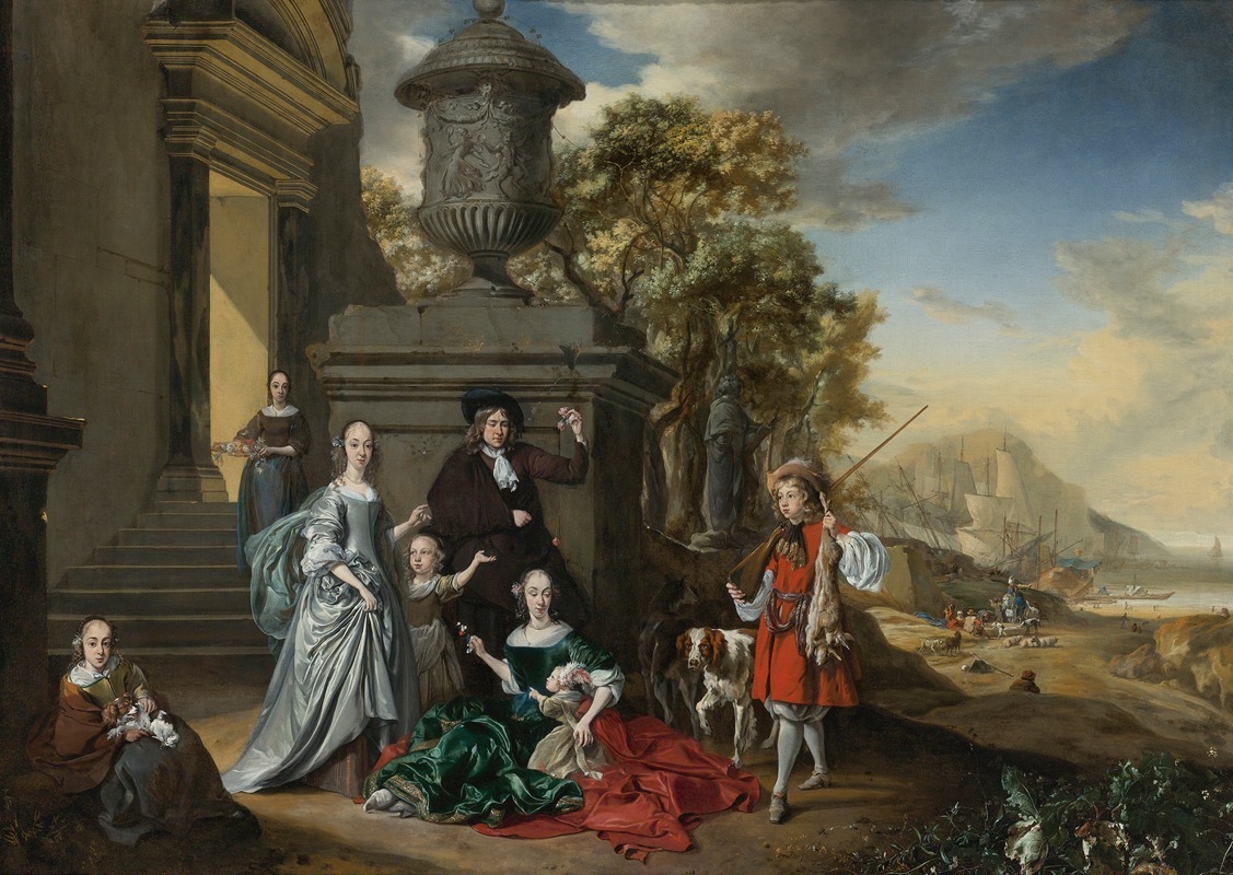 Jan Weenix - A Family Portrait On The Grounds Of A Villa With An Italianate Harbor Scene Beyond