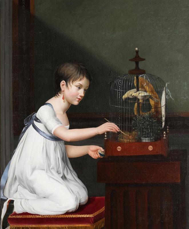 Jeanne Elisabeth Chaudet - A Young Girl In A White Dress With A Green Sash, Kneeling By A Bird Cage While Tending To Her Birds