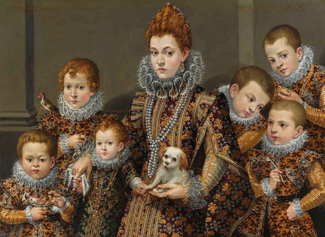 Lavinia Fontana - Portrait Of Bianca Degli Utili Maselli Holding A Dog And Surrounded By Six Of Her Children