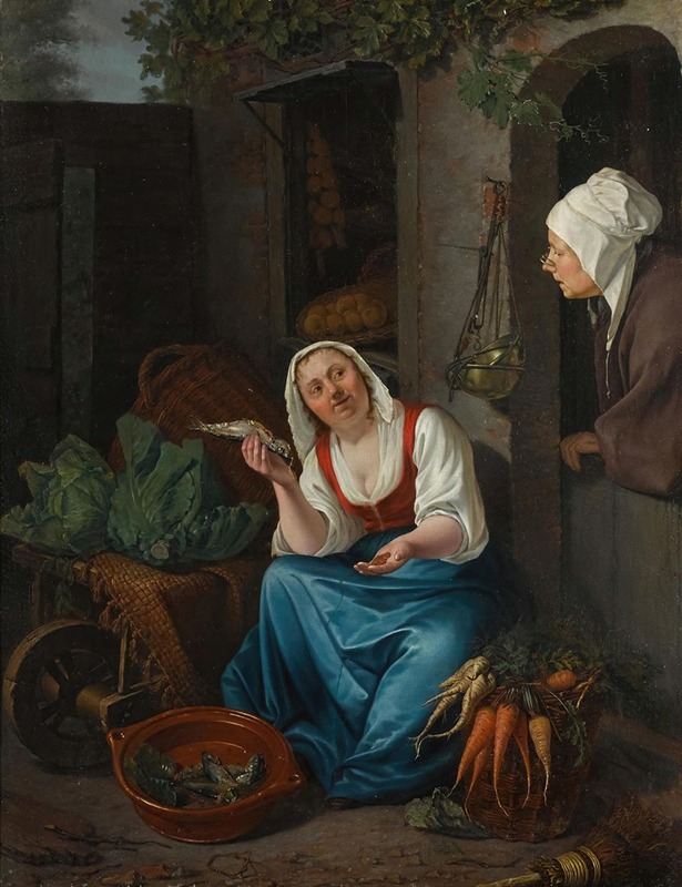Pieter Christoffel Wonder - A Young Woman Selling Fish And Vegetables