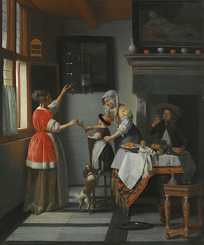 Pieter De Hooch - Interior With A Child Feeding A Parrot