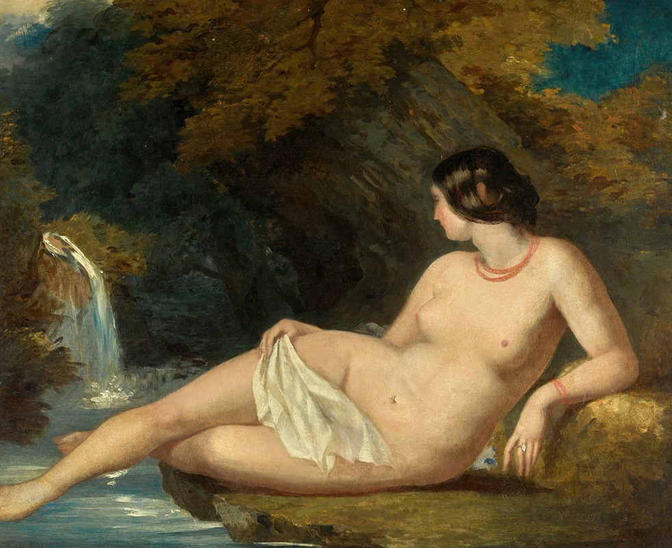 William Etty - Reclining Female Nude By A Waterfall