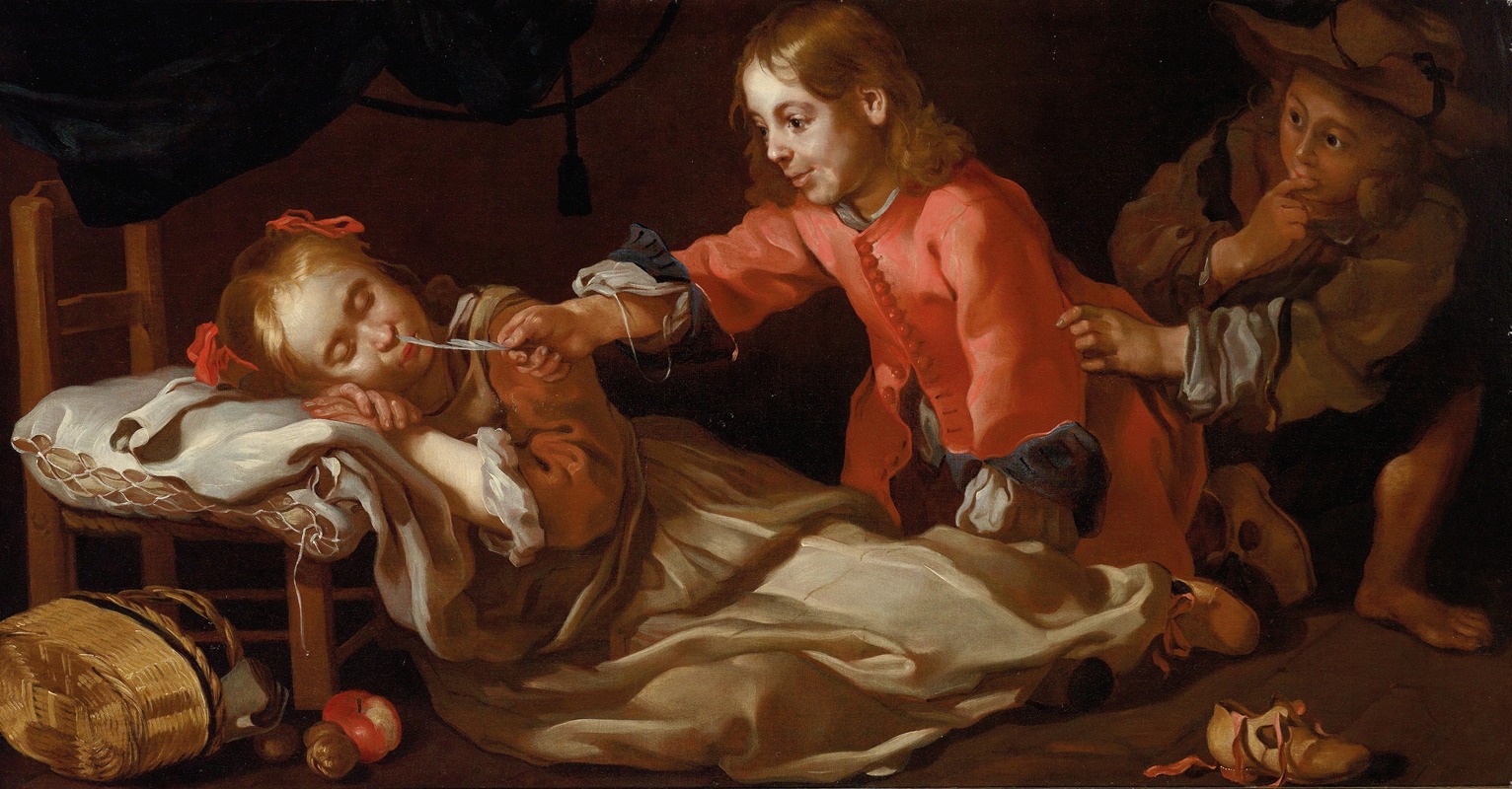 Bernhard Keil - Sleeping girl with two children playing