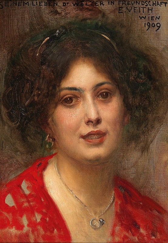 Eduard Veith - Portrait of a Young Woman in a Red Dress
