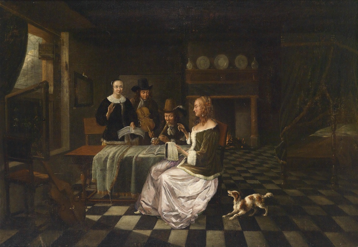 Pieter de Hooch (circle) - Bürgerliches Interieur mit vier Personen