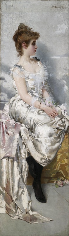 Vittorio Matteo Corcos - Ritratto di giovane donna in abito binaco con fiori