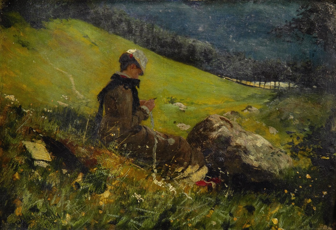 Hans Dahl - Girl In A Field Knitting