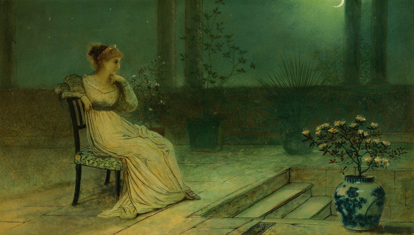 John Atkinson Grimshaw - A Classical Maiden Seated On A Terrace By Moonlight