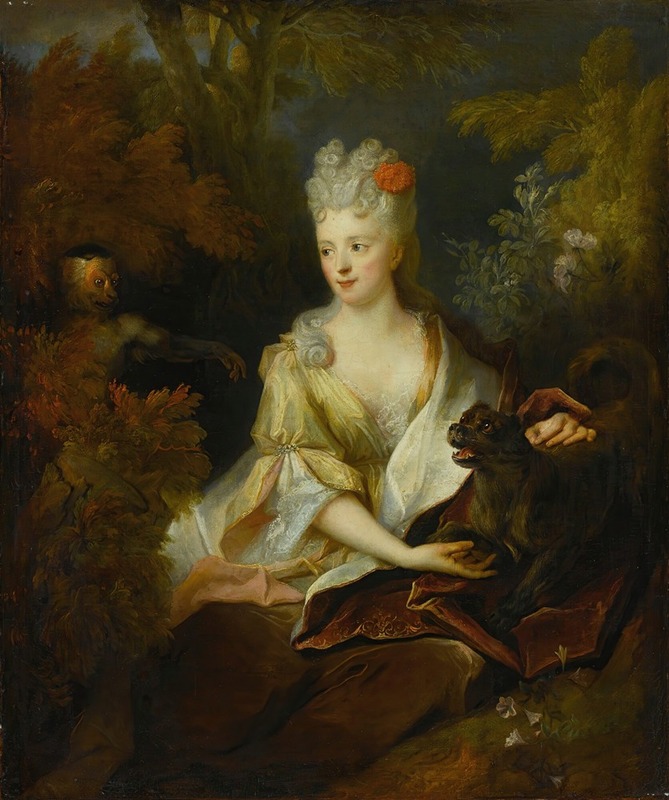 Nicolas de Largillière - Portrait of a lady seated in a landscape with her pet dog and a monkey