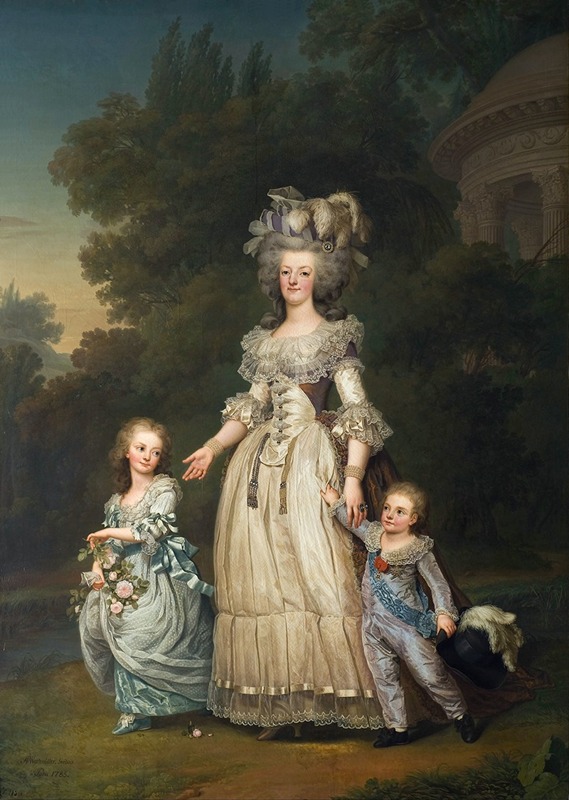 Adolf Ulrik Wertmüller - Queen Marie Antoinette Of France And Two Of Her Children Walking In The Park Of Trianon