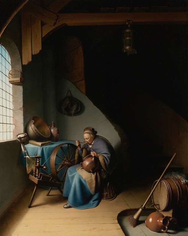 Gerrit Dou - An Elderly Woman, Seated By A Window At Her Spinning Wheel, Eating Porridge