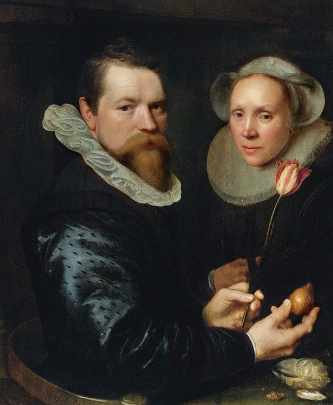Michiel Jansz. Van Mierevelt - Portrait Of A Husband And Wife, He Holding A Tulip And Bulb, A Selection Of Shells On The Shelf Below