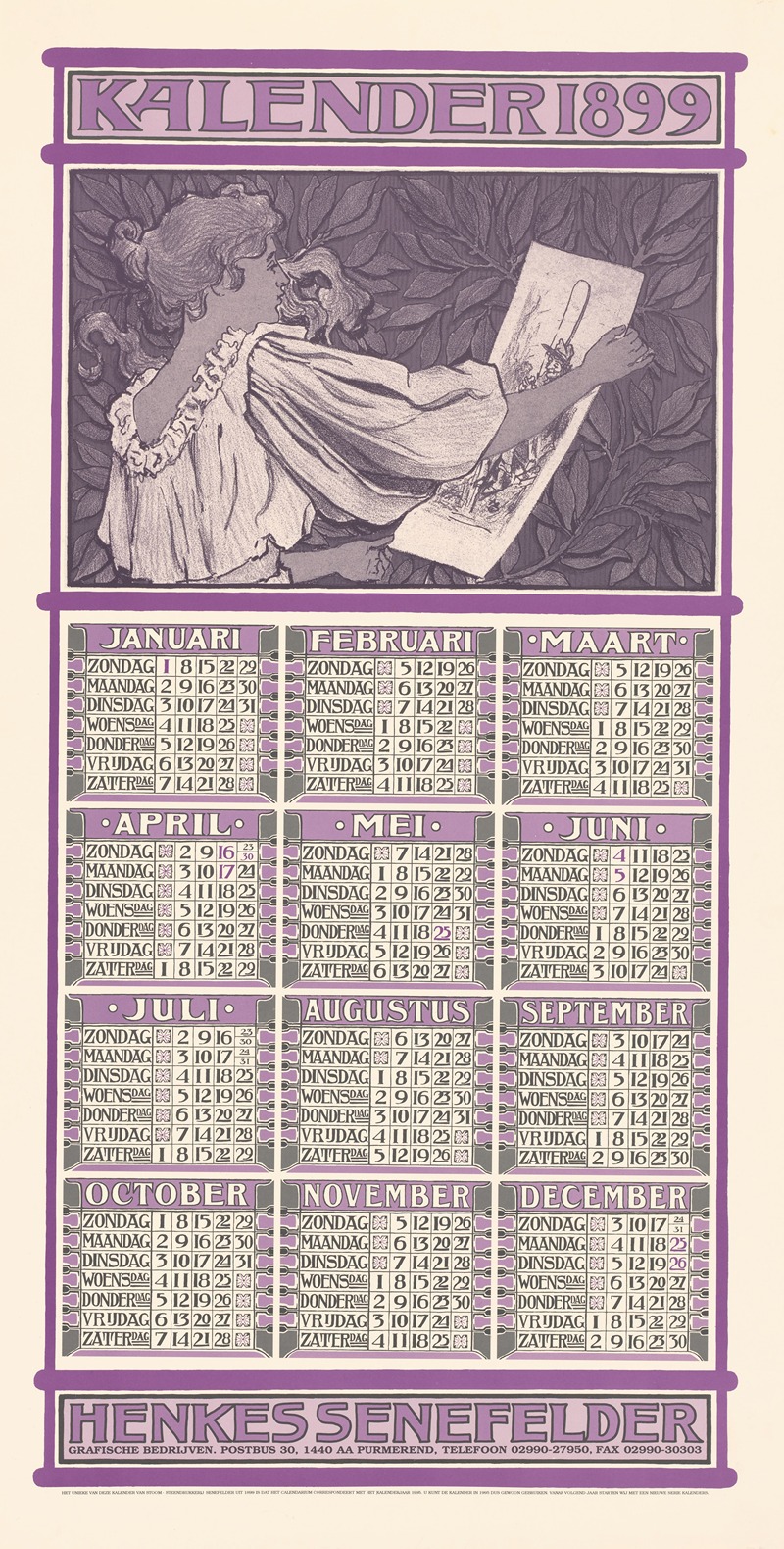 Anonymous - Poster met een kalender voor 1899