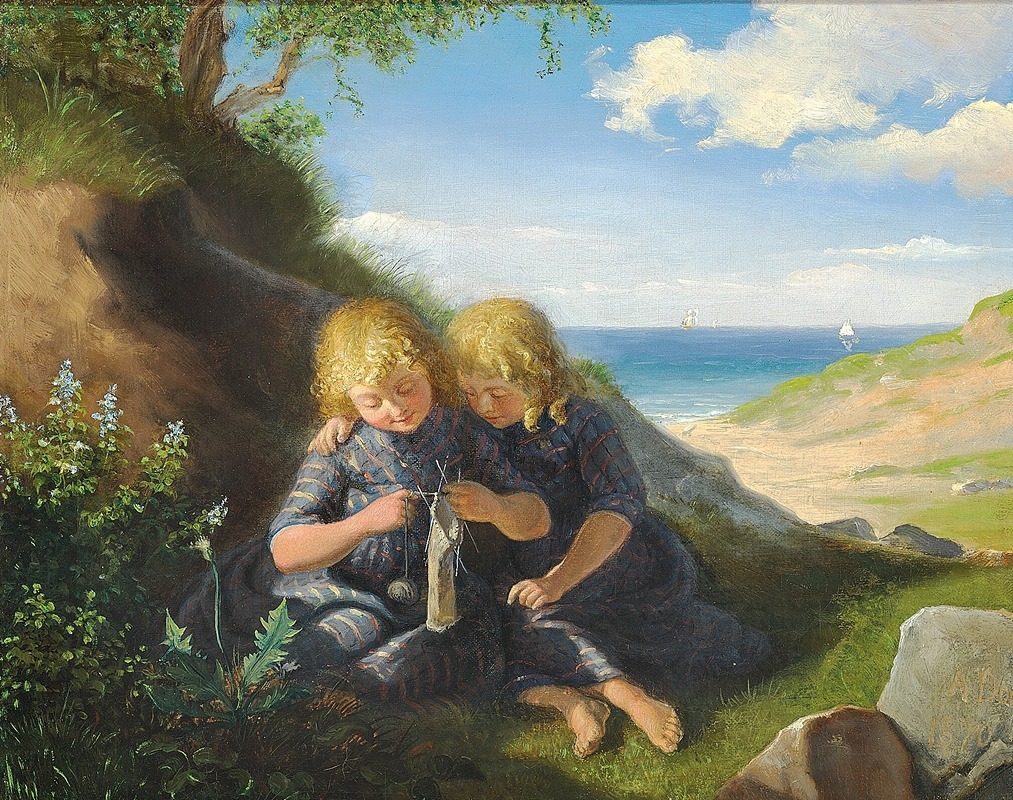 Anton Dorph - Arbejdsiver. To tvillingepiger siddende i en klit med strikketøjet
