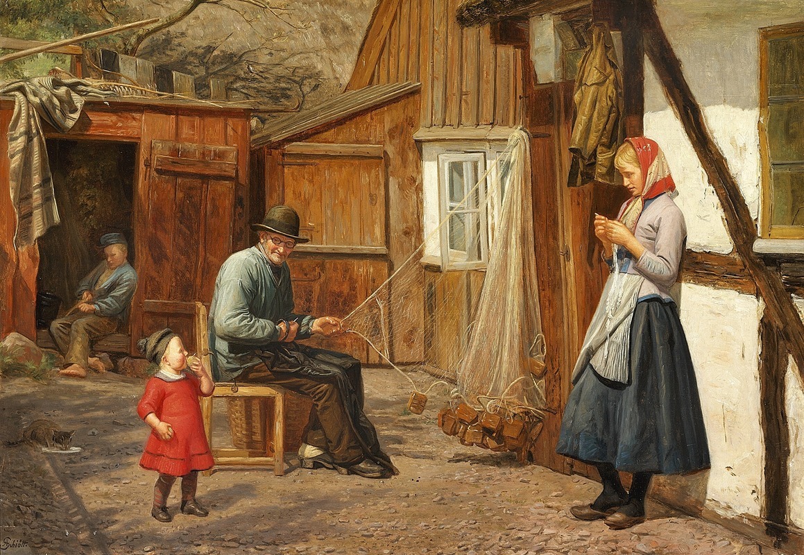 August Schiøtt - Ung pige i samtale med en fisker, der bøder garn uden for et hus