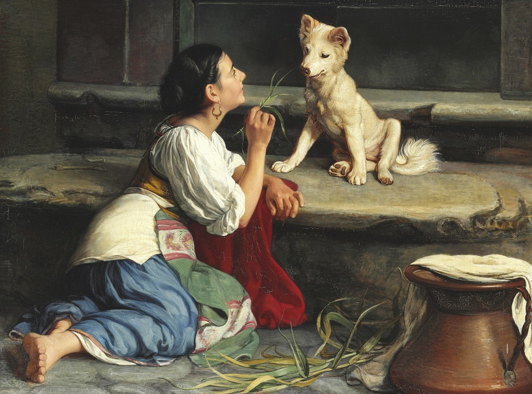 Axel Helsted - Ung Italienerinde, der leger med en Hund