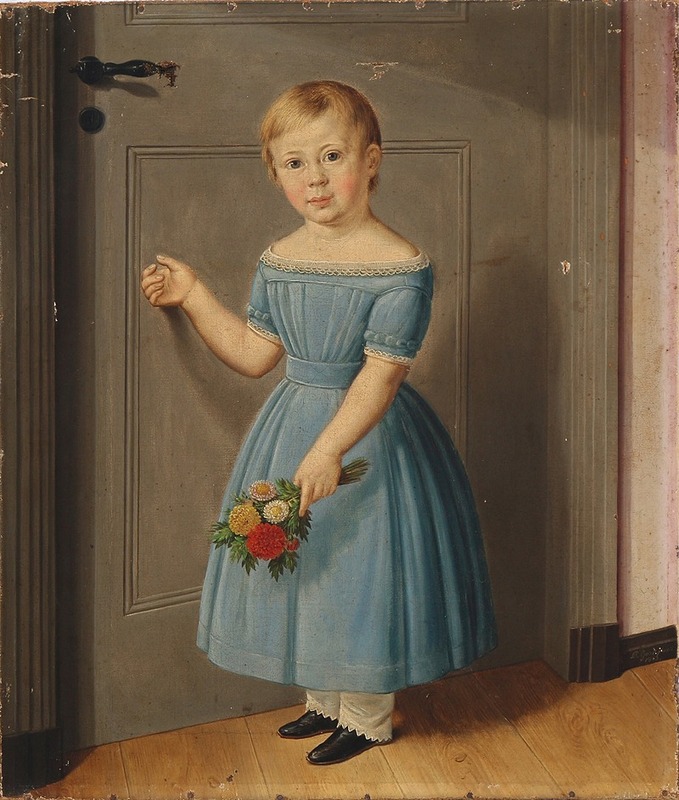 Carl Goos - En pige banker på døren holdende en buket blomster i hånden