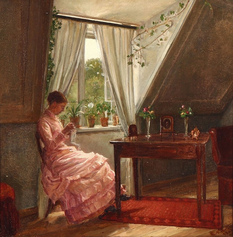 Carl von Schmidt-Phiseldeck - Interiør med Anna Augusta Åhman, der syr ved et vindue