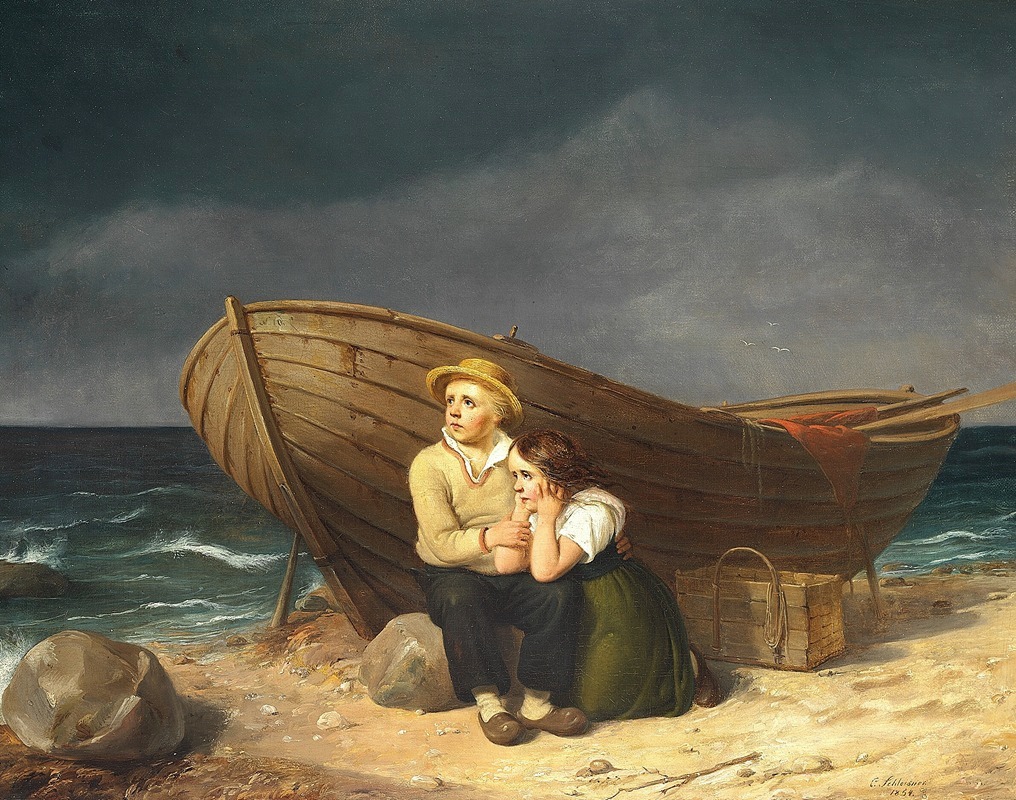 Christian Andreas Schleisner - Børn, der søger ly ved en båd på stranden