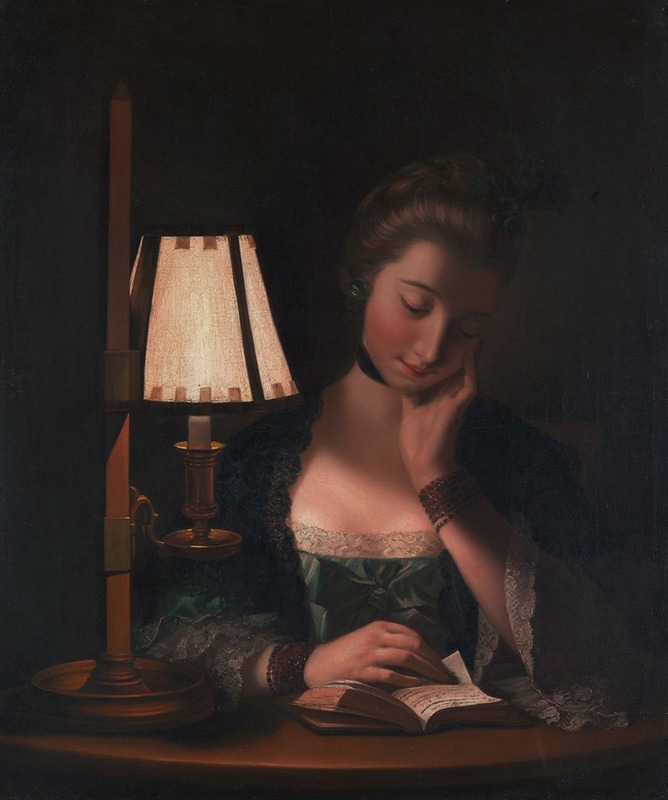 Henry Robert Morland - Woman Reading by a Paper-Bell Shade