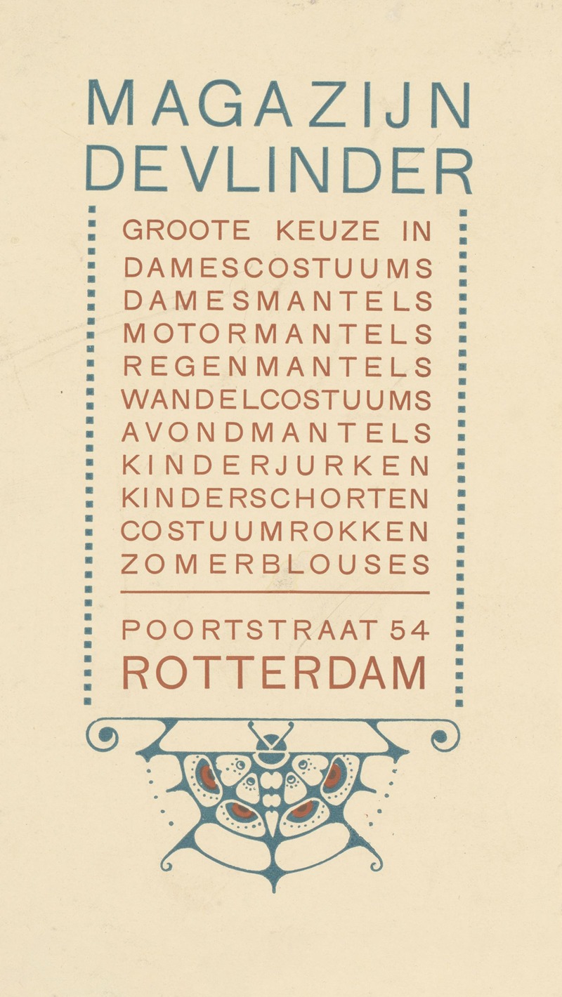 Reinier Willem Petrus de Vries - Advertentie van Magazijn De Vlinder te Rotterdam