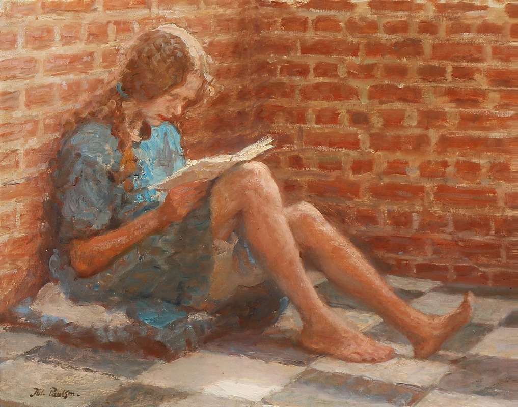 Julius Paulsen - Læsende pige siddende ved en murstensvæg