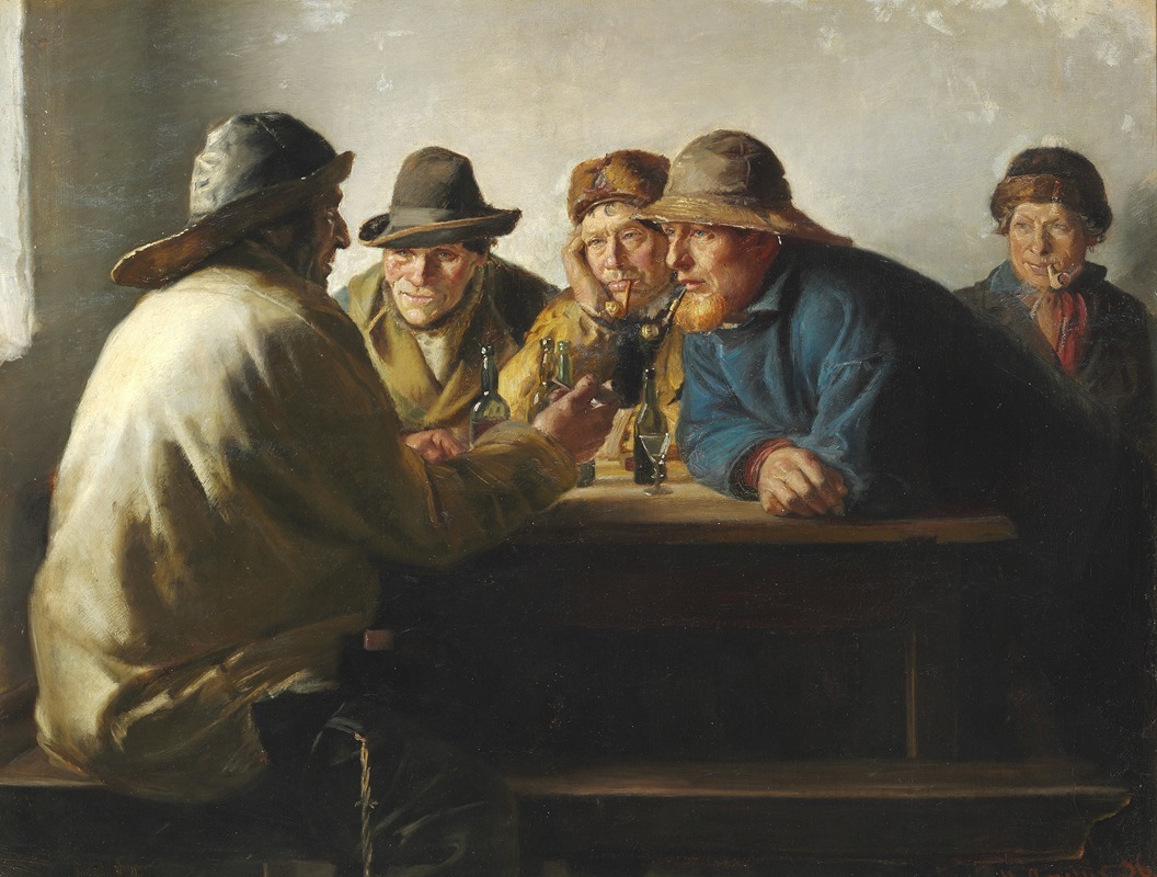 Michael Ancher - Fiskere omkring et bord drikker en fyraftensøl